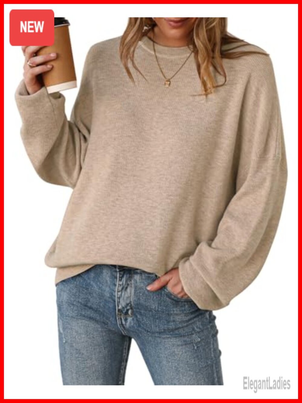 Wool Blend Oversized Sweater Pullover Crew Neck Long Sleeve Ribbed Knit